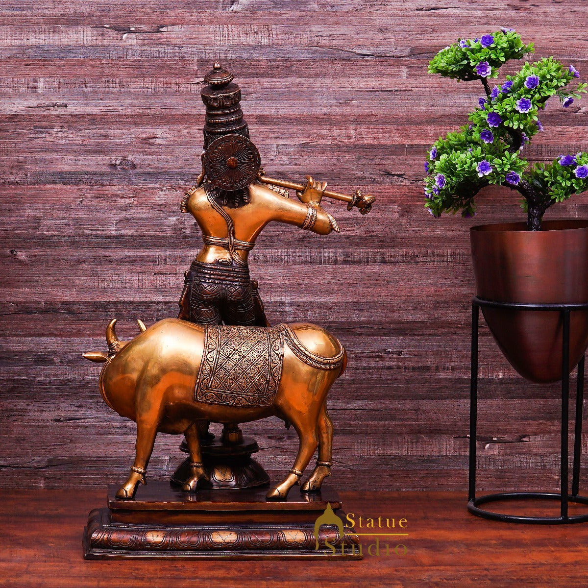 Brass Large Size Krishna With Cow Idol Home Office Garden Décor Statue 2 Feet