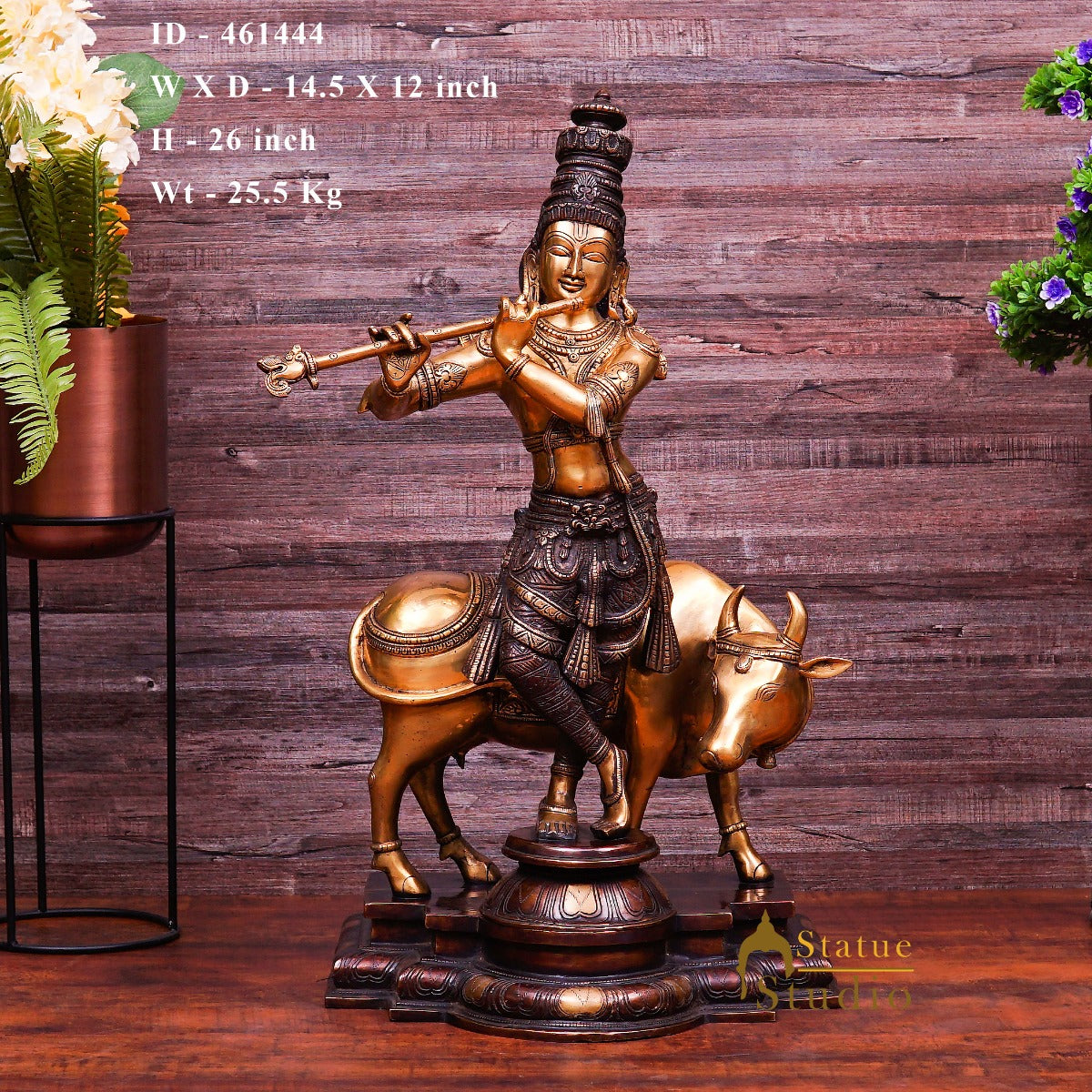 Brass Large Size Krishna With Cow Idol Home Office Garden Décor Statue 2 Feet