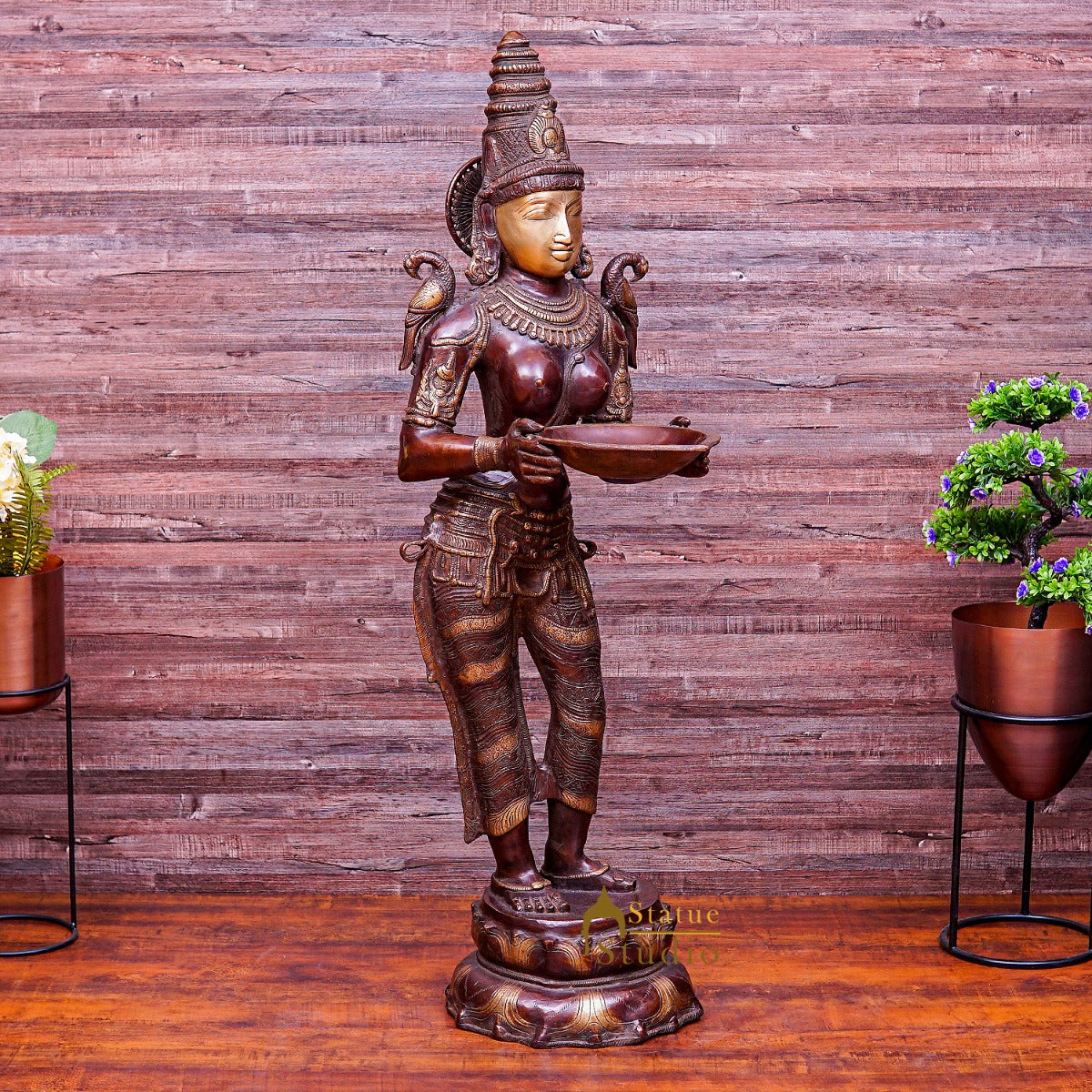 Brass Large Size Deeplakshmi Statue Home Office Welcome Pooja Room Décor 44" - Image 3