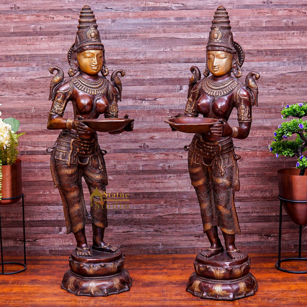 Brass Large Size Deeplakshmi Pair Statue Home Office Welcome Pooja Room Décor 44" - Image 3