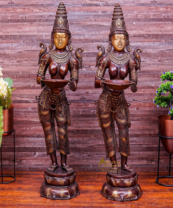 Brass Large Size Deeplakshmi Pair Statue Home Office Welcome Pooja Room Décor 44" - Image 2