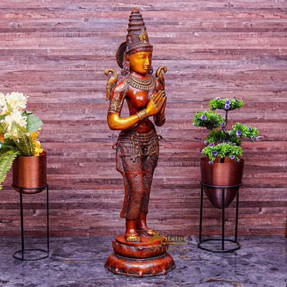 Brass Large Size Welcome Lady Statue Home Office Welcome Pooja Room Décor 44" by vendor-unknown - Decor (View 3)