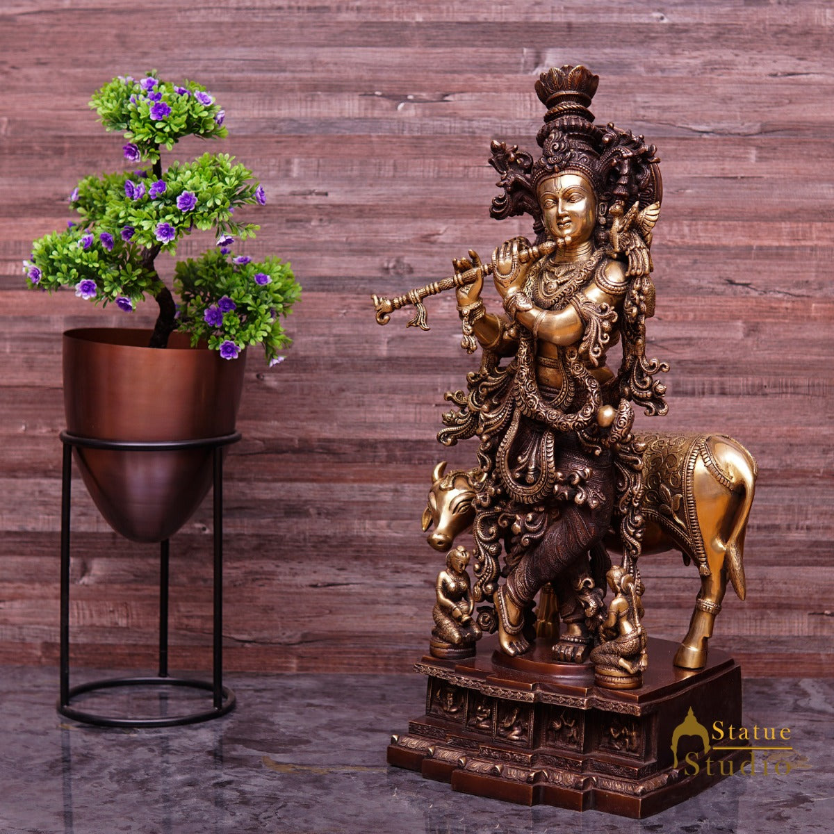 Brass Large Size Krishna With Cow Idol Home Office Garden Décor Statue 28" - Image 3