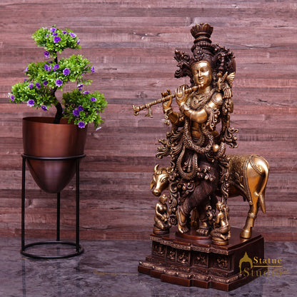 Brass Large Size Krishna With Cow Idol Home Office Garden Décor Statue 28" by vendor-unknown - Hindu Gods (View 3)