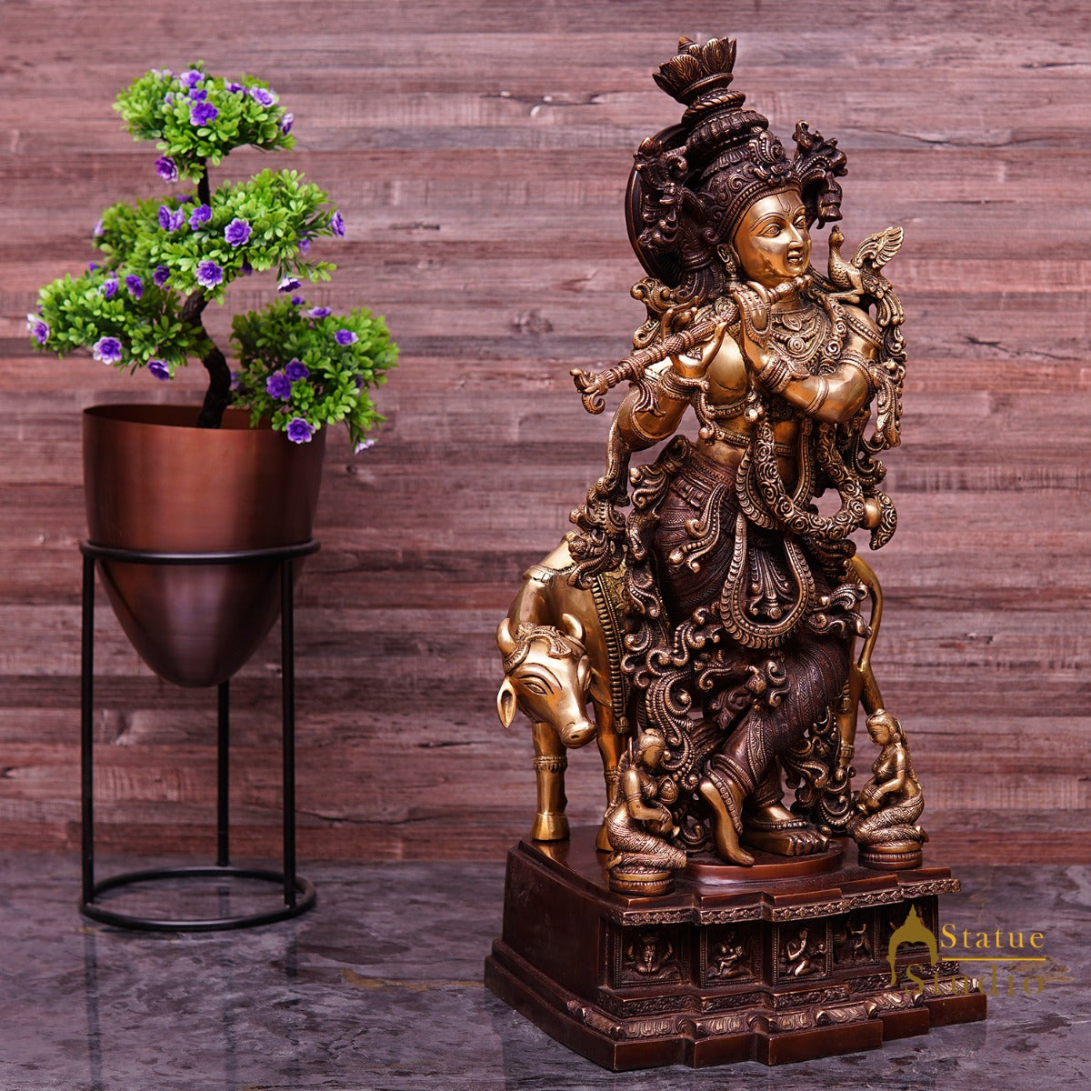 Brass Large Size Krishna With Cow Idol Home Office Garden Décor Statue 28"