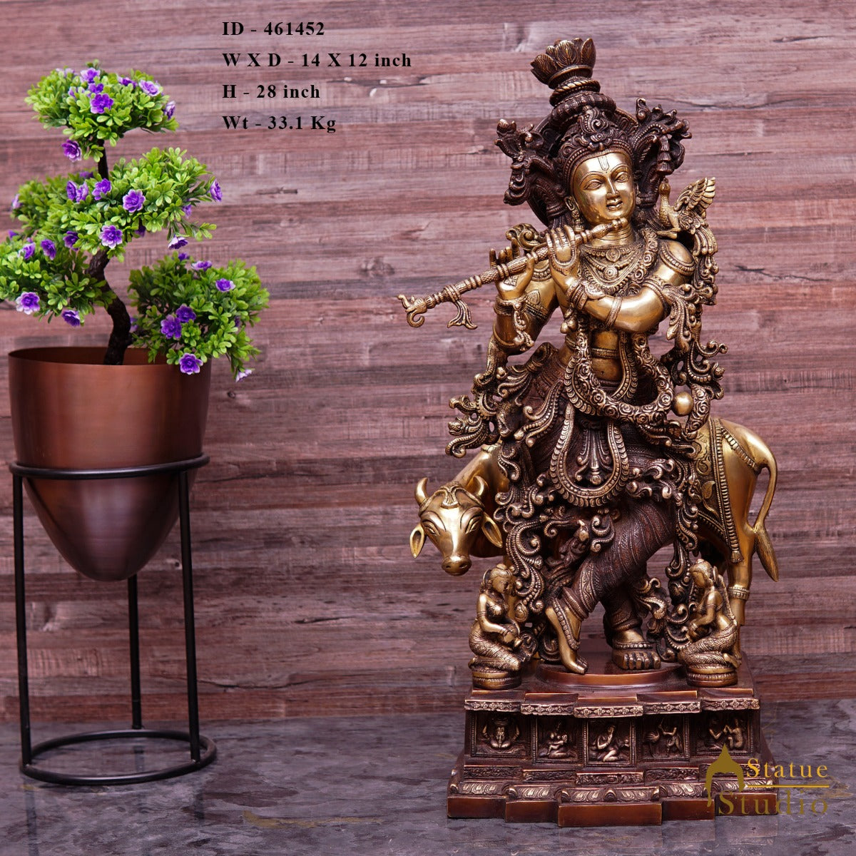 Brass Large Size Krishna With Cow Idol Home Office Garden Décor Statue 28" - Image 6