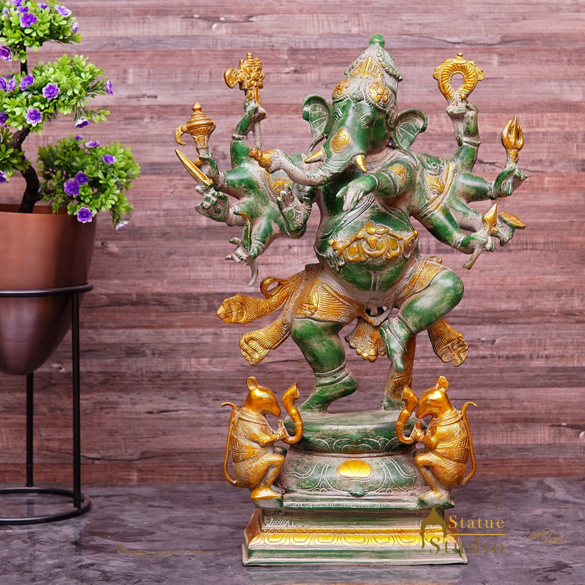 Brass Large Dancing Ganesha Idol With 10 Arms Antique Finish For Home Decor 2 Feet