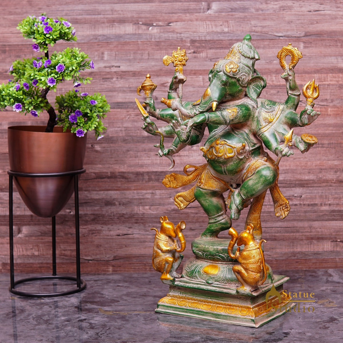 Brass Large Dancing Ganesha Idol With 10 Arms Antique Finish For Home Decor 2 Feet - Image 4