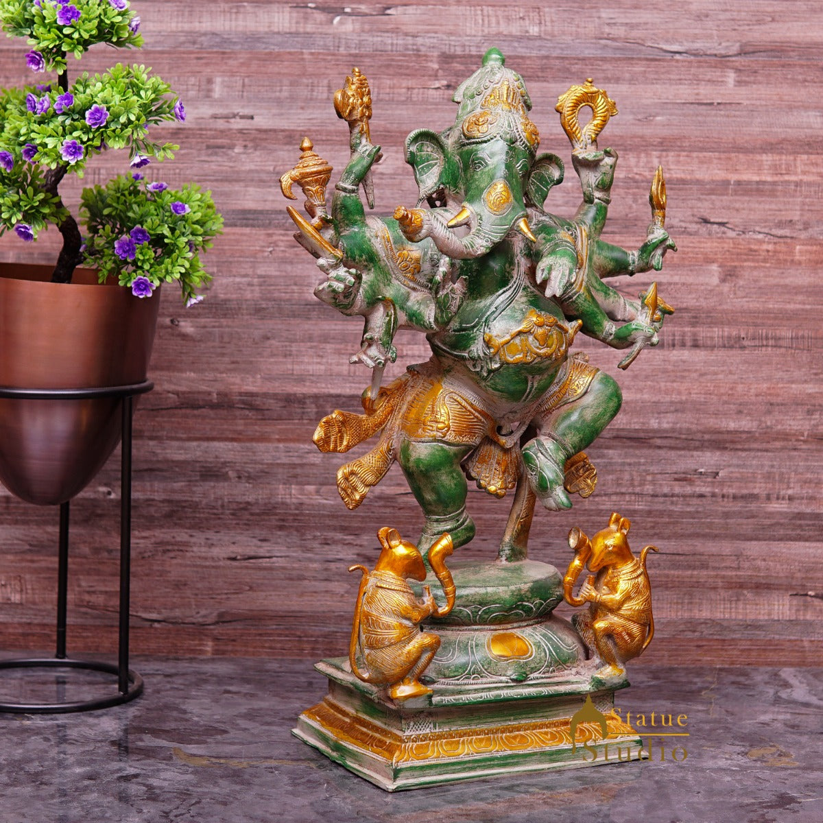 Brass Large Dancing Ganesha Idol With 10 Arms Antique Finish For Home Decor 2 Feet - Image 3