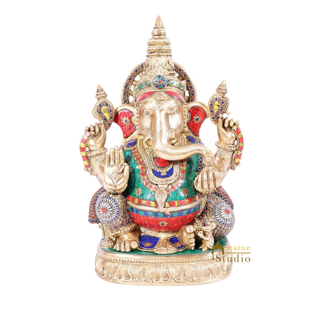 Brass Large Ganesha Statue Stone Work For Home Decor 20" - Image 2