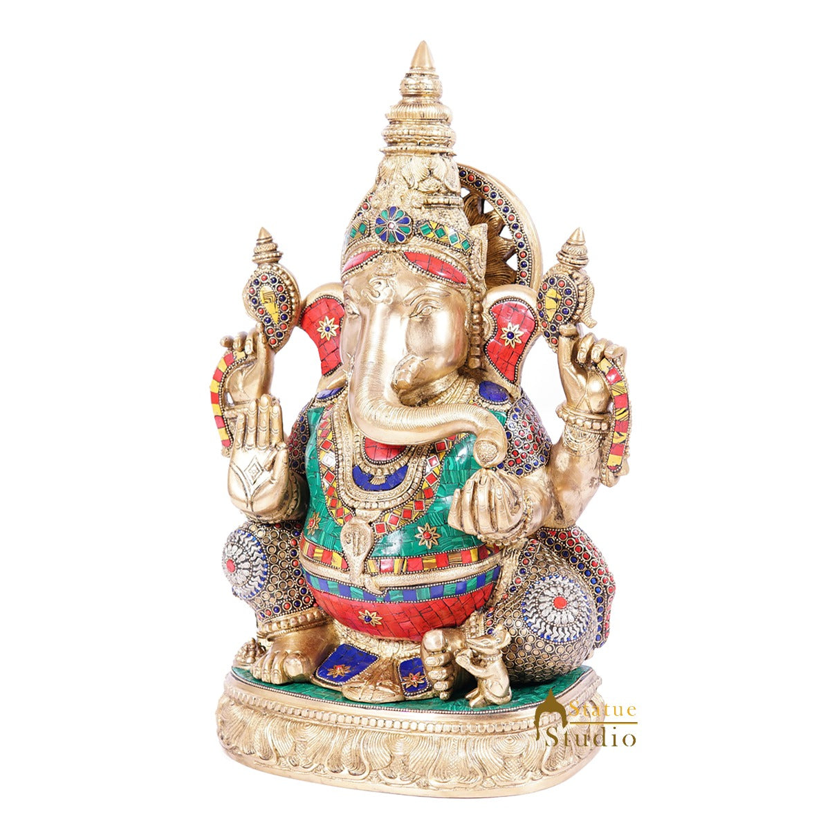 Brass Large Ganesha Statue Stone Work For Home Decor 20"