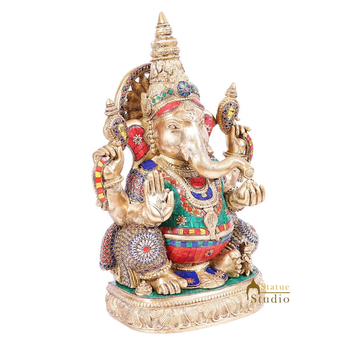 Brass Large Ganesha Statue Stone Work For Home Decor 20"
