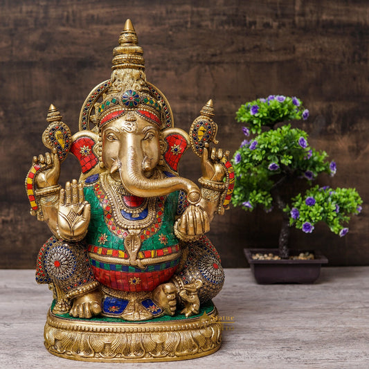 Brass Large Ganesha Statue Stone Work For Home Decor 20"