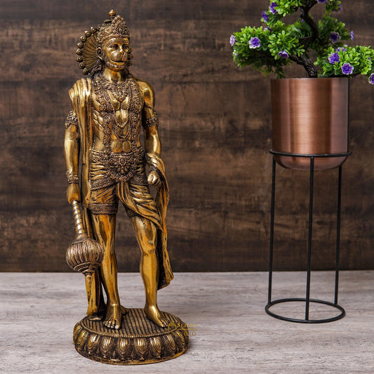 Brass Antique Mahabali Standing Hanuman Idol Home Religious Décor Statue 2 Feet