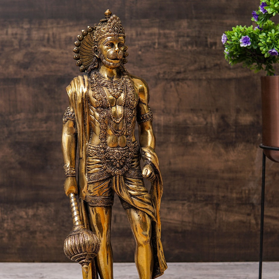 Brass Antique Mahabali Standing Hanuman Idol Home Religious Décor Statue 2 Feet