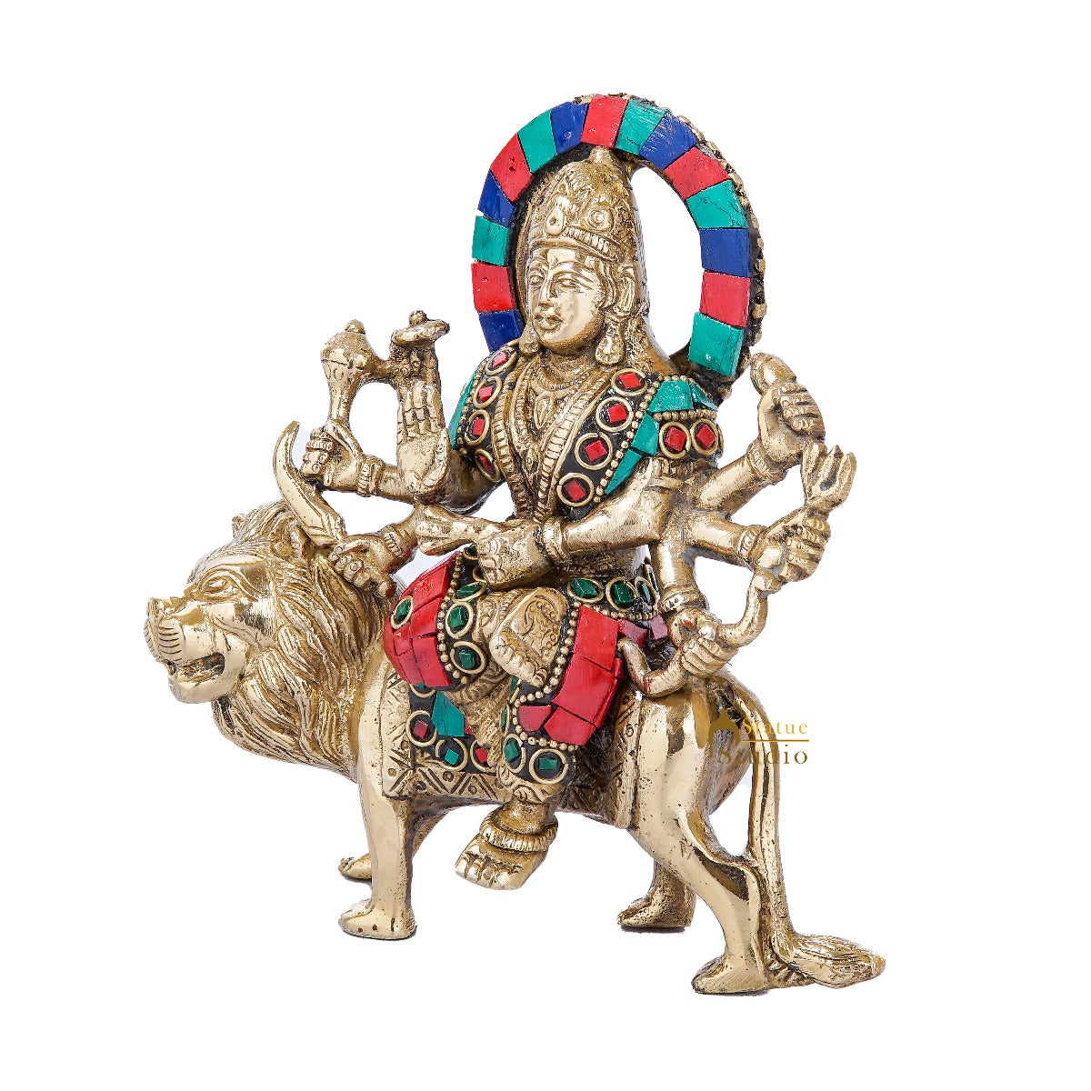 Brass Goddess Durga Statue Stone Work For Home Temple Decor 6 Inch - Image 5