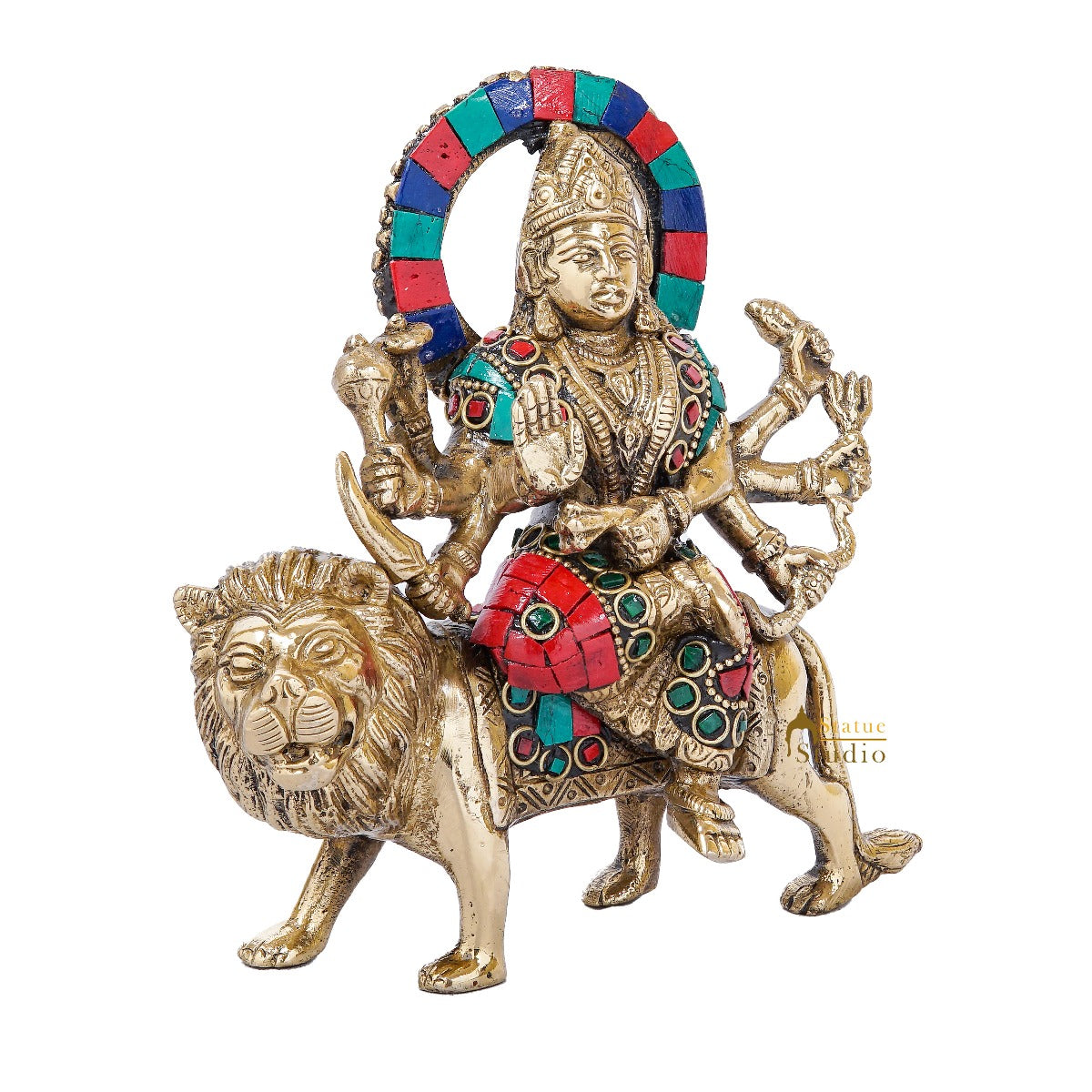 Brass Goddess Durga Statue Stone Work For Home Temple Decor 6 Inch