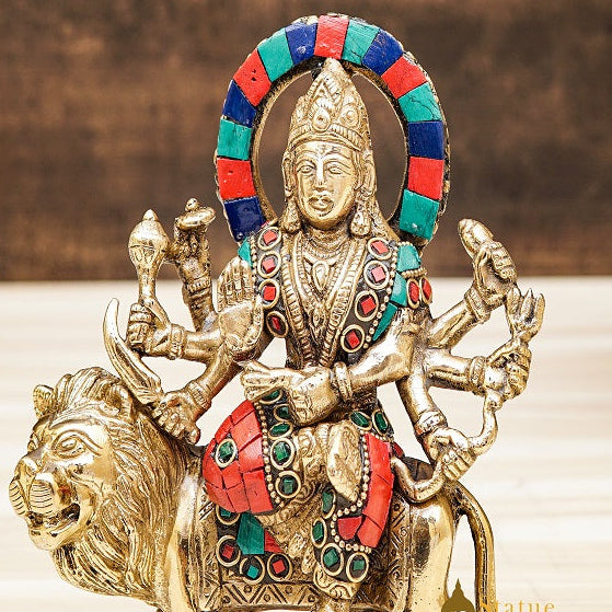 Brass Goddess Durga Statue Stone Work For Home Temple Decor 6 Inch