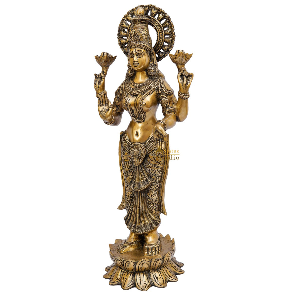 Brass Antique Standing Lakshmi Idol Laxmi Statue Home Temple Décor Showpiece 32" - Image 4