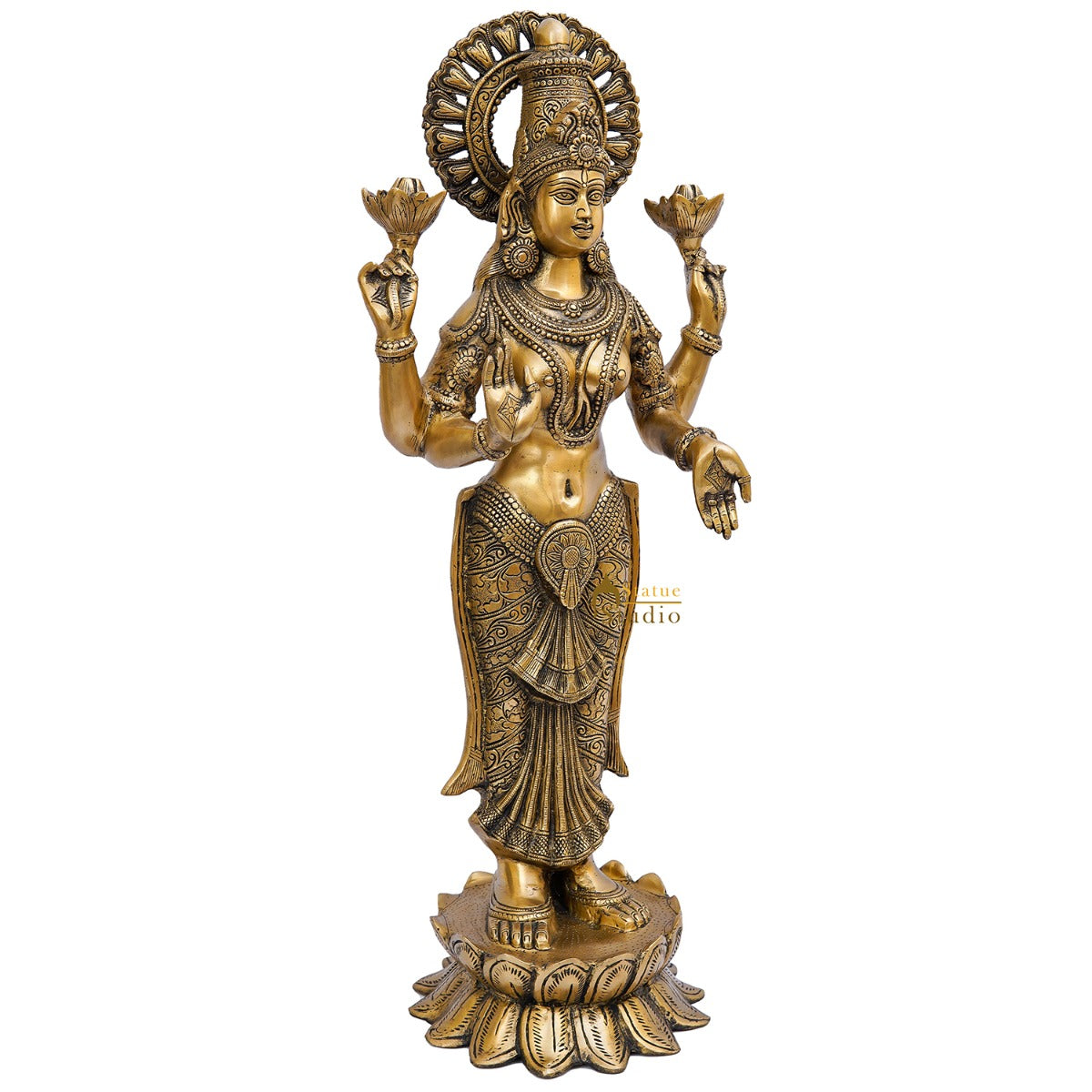 Brass Antique Standing Lakshmi Idol Laxmi Statue Home Temple Décor Showpiece 32"