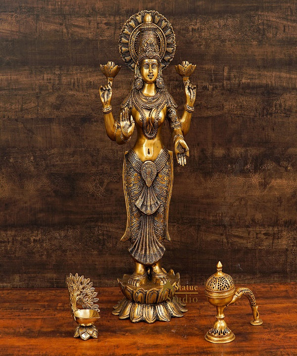 Brass Antique Standing Lakshmi Idol Laxmi Statue Home Temple Décor Showpiece 32" - Image 2