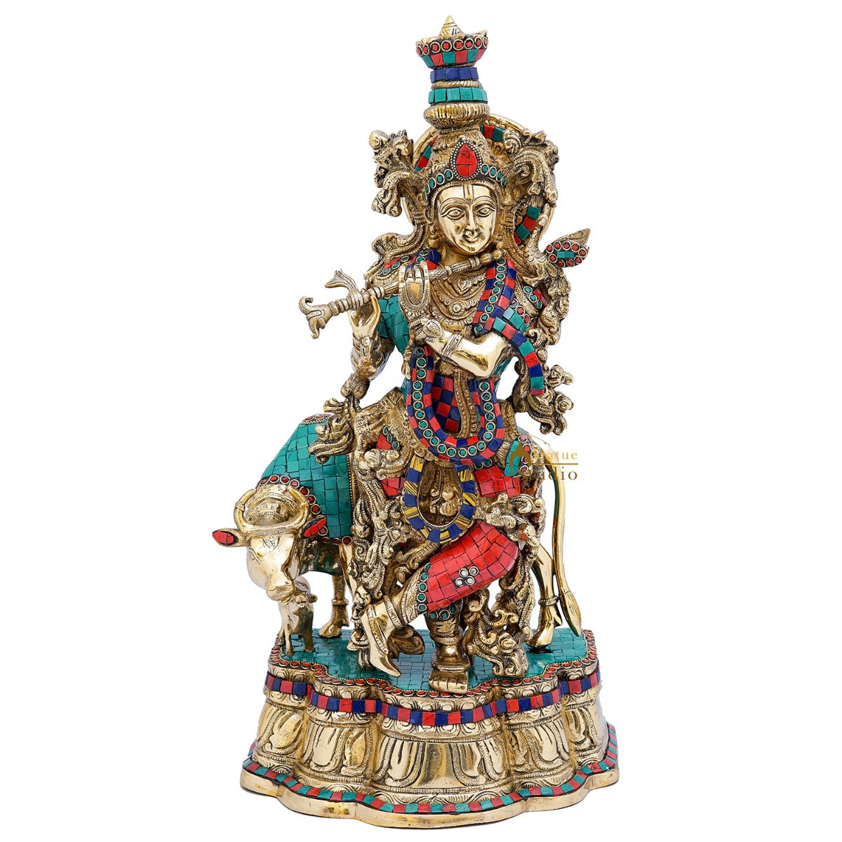 Brass Krishna Idol with Cow 2 Feet by StatueStudio