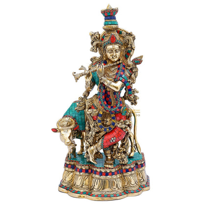 Brass Krishna Idol with Cow 2 Feet by StatueStudio by vendor-unknown - Hindu Gods (View 4)