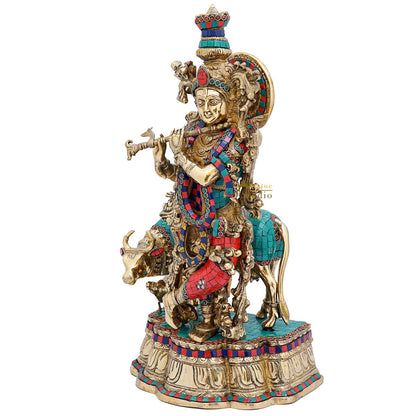Brass Krishna Idol with Cow 2 Feet by StatueStudio by vendor-unknown - Hindu Gods (View 3)