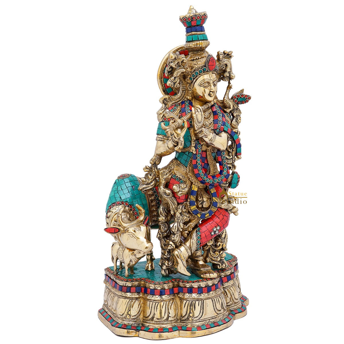 Brass Krishna Idol with Cow 2 Feet by StatueStudio