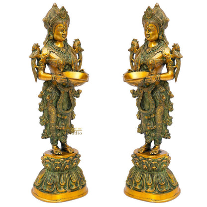 Brass Standing Deeplakshmi Pair Statue Showpiece For Home Temple Diwali Décor by vendor-unknown - Decor (View 4)