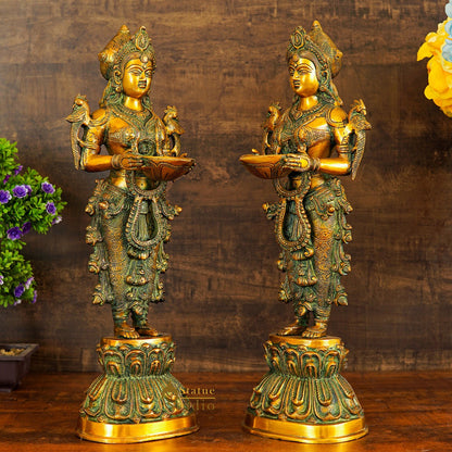 Brass Standing Deeplakshmi Pair Statue Showpiece For Home Temple Diwali Décor by vendor-unknown - Decor