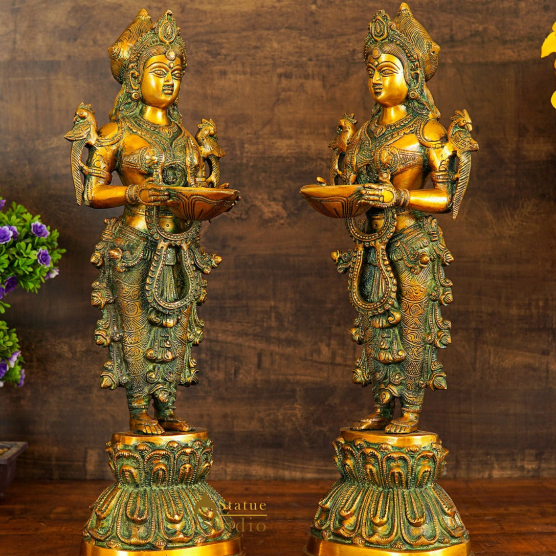 Brass Standing Deeplakshmi Pair Statue Showpiece For Home Temple Diwali Décor - Image 2
