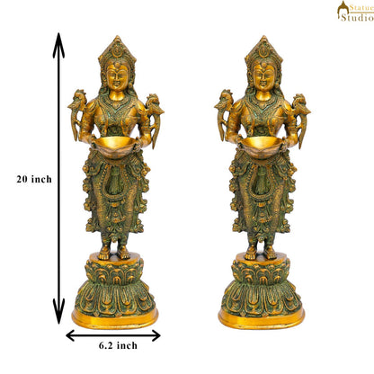 Brass Standing Deeplakshmi Pair Statue Showpiece For Home Temple Diwali Décor by vendor-unknown - Decor (View 7)