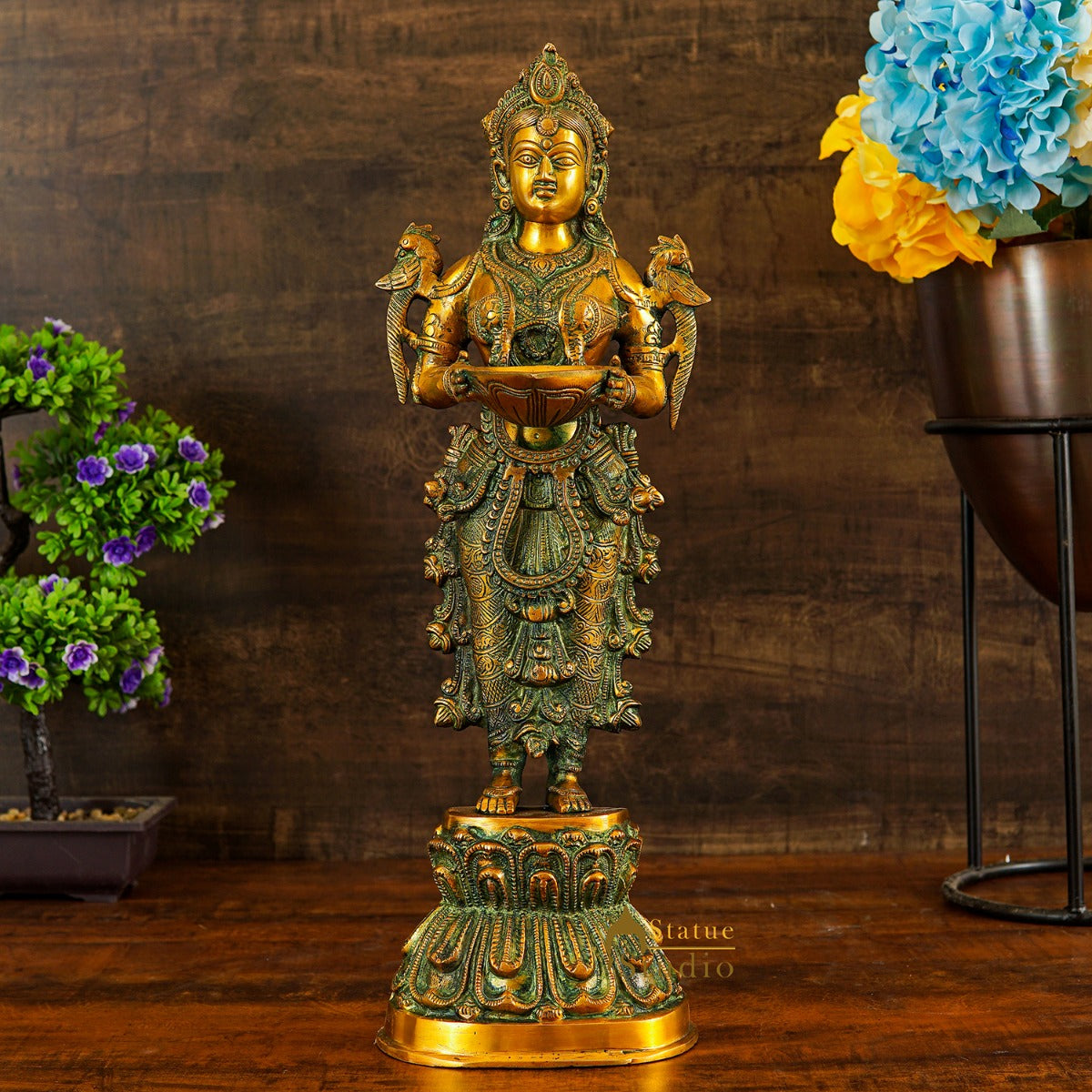 Brass Standing Deeplakshmi Statue Showpiece For Home Temple Diwali Décor 20" - Eco-friendly - Sama Homes