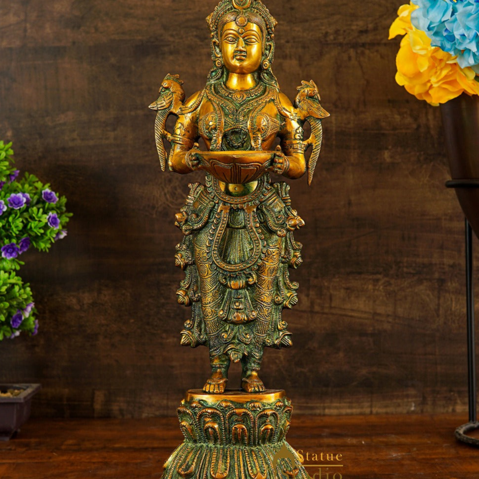 Brass Standing Deeplakshmi Statue Showpiece For Home Temple Diwali Décor 20"