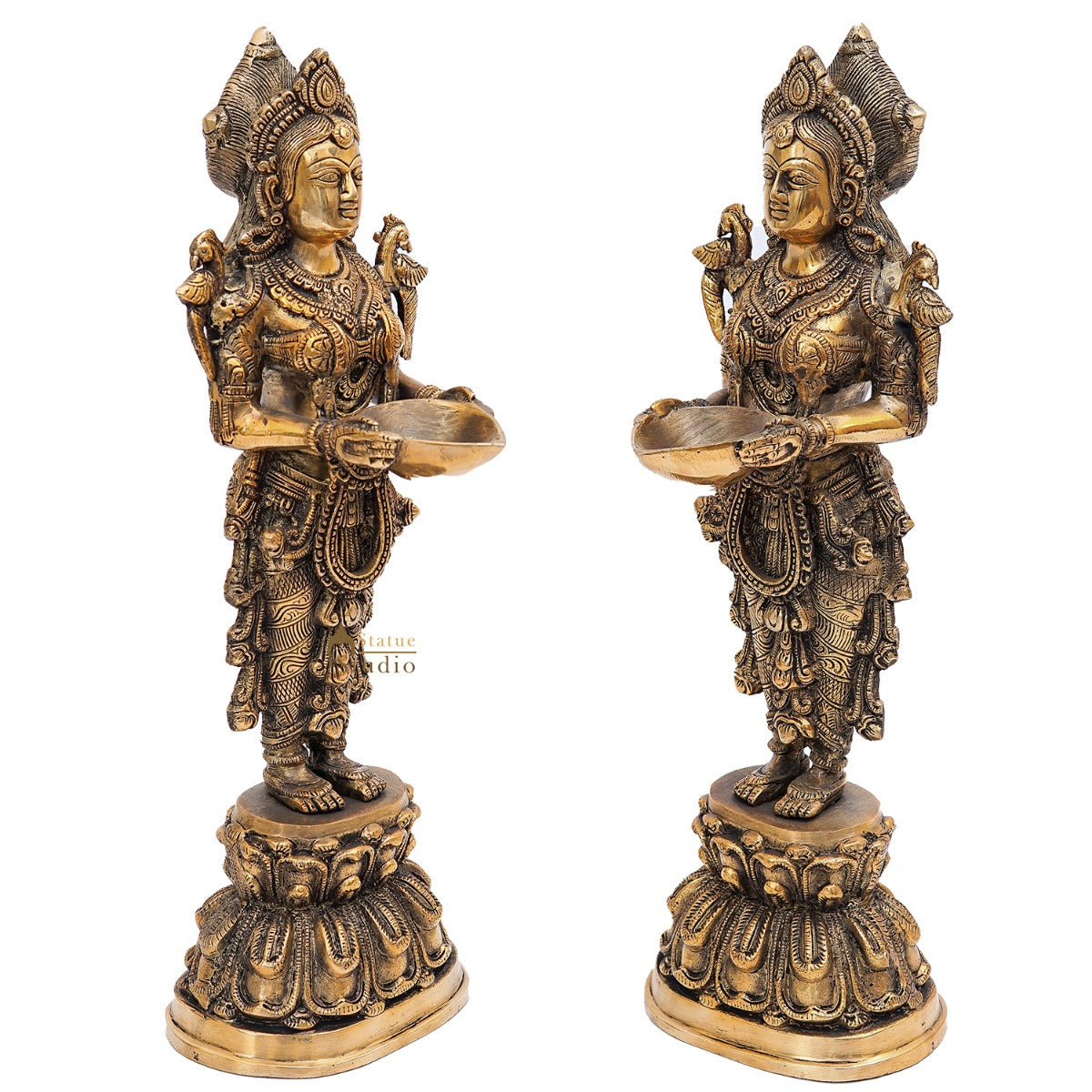 Brass Standing Deeplakshmi Pair Statue Showpiece For Home Temple Diwali Décor 17"