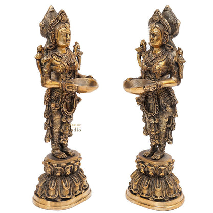 Brass Standing Deeplakshmi Pair Statue Showpiece For Home Temple Diwali Décor 17" by vendor-unknown - Decor (View 4)