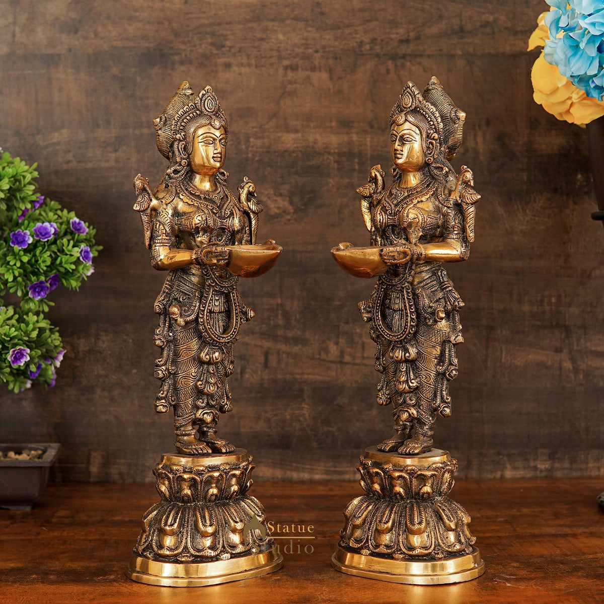 Brass Standing Deeplakshmi Pair Statue Showpiece For Home Temple Diwali Décor 17" - Eco-friendly - Sama Homes