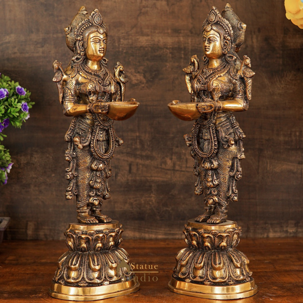 Brass Standing Deeplakshmi Pair Statue Showpiece For Home Temple Diwali Décor 17"