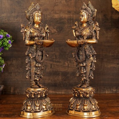 Brass Standing Deeplakshmi Pair Statue Showpiece For Home Temple Diwali Décor 17" by vendor-unknown - Decor (View 2)