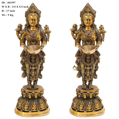 Brass Standing Deeplakshmi Pair Statue Showpiece For Home Temple Diwali Décor 17" by vendor-unknown - Decor (View 6)