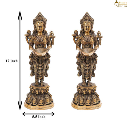 Brass Standing Deeplakshmi Pair Statue Showpiece For Home Temple Diwali Décor 17" by vendor-unknown - Decor (View 7)
