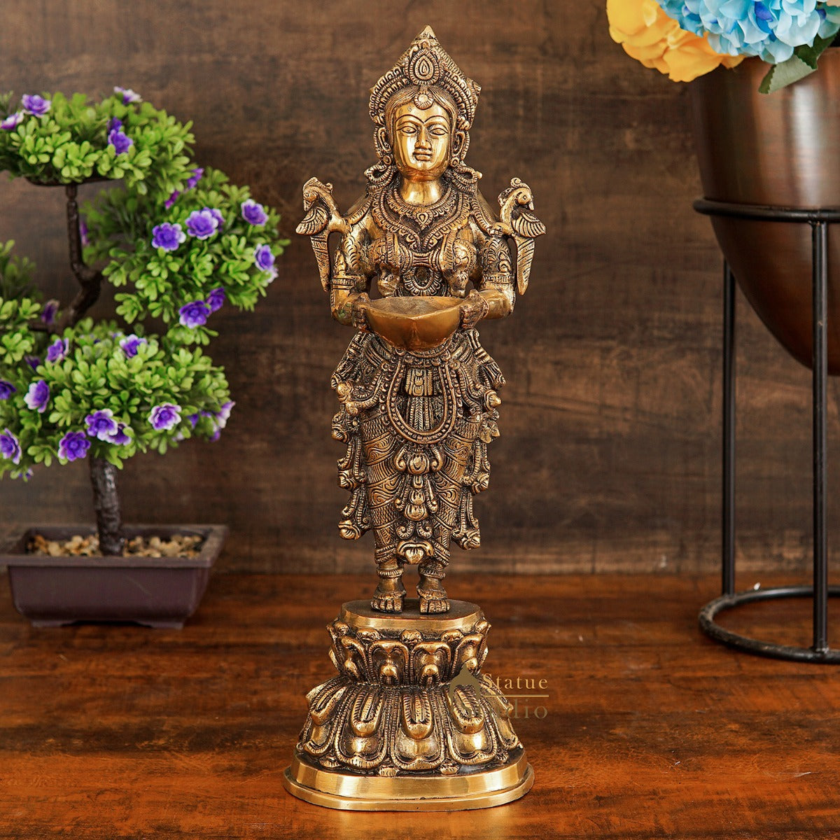 Brass Standing Deeplakshmi Statue Showpiece For Home Temple Diwali Décor 17" - Eco-friendly - Sama Homes