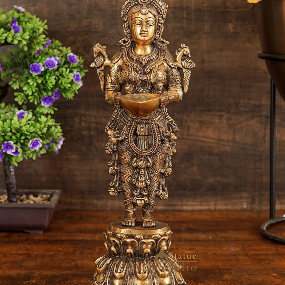 Brass Standing Deeplakshmi Statue Showpiece For Home Temple Diwali Décor 17"