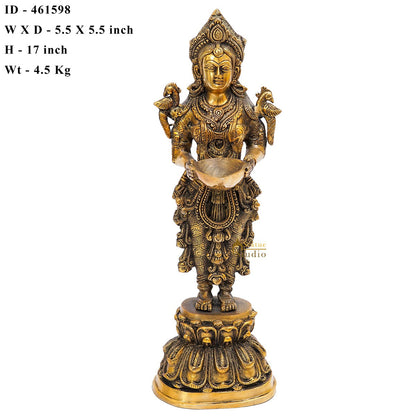 Brass Standing Deeplakshmi Statue Showpiece For Home Temple Diwali Décor 17" by vendor-unknown - Decor (View 7)
