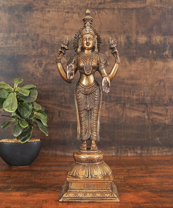 Brass Antique Standing Lakshmi Idol Goddess Of Wealth Statue Home Temple Décor 17"