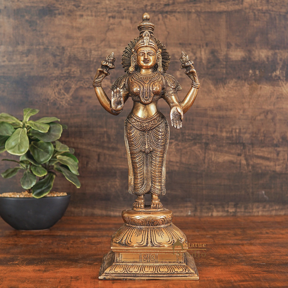 Brass Antique Standing Lakshmi Idol Goddess Of Wealth Statue Home Temple Décor 17"