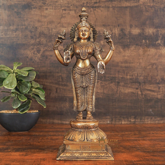 Brass Antique Standing Lakshmi Idol Goddess Of Wealth Statue Home Temple Décor 17"