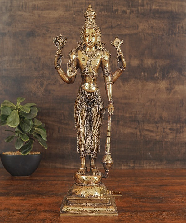 Brass Antique Vishnu Idol Home Temple Décor Religious Gift Statue 20" - Image 2