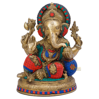 Brass Ganapati Statue Stone Work For Home Decor Gift 13" by vendor-unknown - Hindu Gods (View 2)